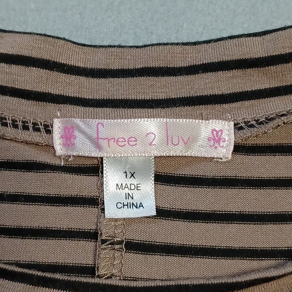 Free 2 Luv Striped Shift Dress Tan Black 3/4 Sleeve Crew Neck Plus Size 1X - Picture 2 of 7